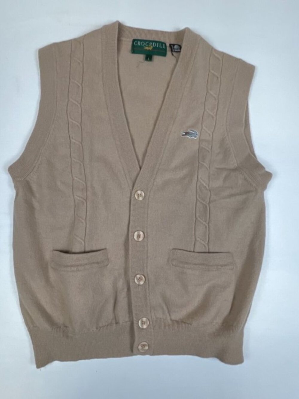 VTG 90s Crocodile Pure New Wool Cardigan Vest Beige Cable Knit Men's Large